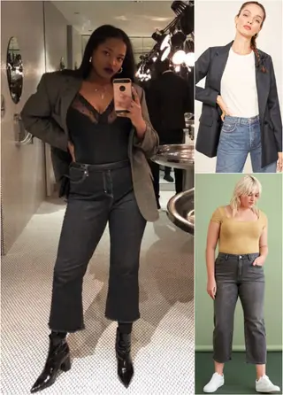 Blazer quadrado + jeans descontraídos