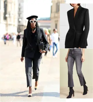 Blazer de smoking + jeans com bainha 'desfeita'