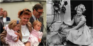 princesas Eugenie e Beatrice em 1991 (esquerda) e princesa Anne em 1958 (direita)