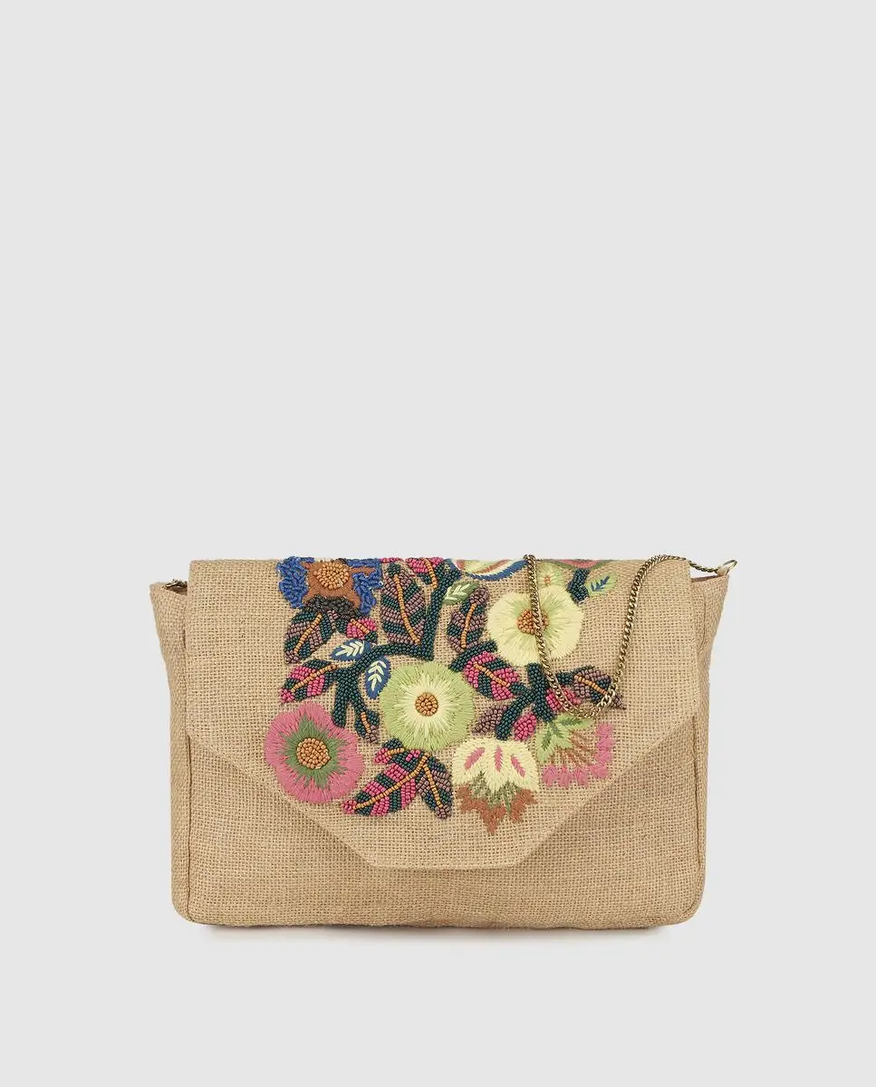 Mala a tiracolo de ráfia natural de mulher com bordado floral, El Corte Inglès