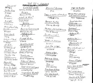 A lista dos 50 discos preferidos de Kurt Cobain, dos Nirvana. "The Raincoats" está na terceira coluna