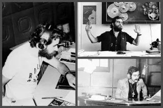 Na Rádio Comercial, com a t-shirt do seu programa Rolls Rock, queprincipiou em 1980 (à esquerda); a trabalhar na editora Rossil, onde – através do selo Rotação – lançou os Xutos & Pontapés (à direita, em cima); na Rádio Renascença onde apresentou Rotação, no final dos anos 70 (à direita, em baixo)