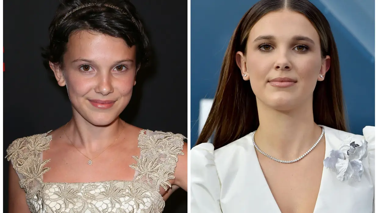 Millie Bobby Brown (Eleven/Jane Hopper) com 12 anos (esq.) e com 16 anos (dir.)