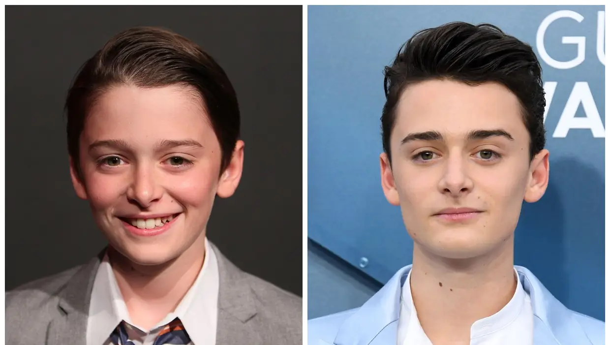 Noah Schnapp (Will Byers) com 10 anos (esq.) e com 15 anos (dir.)
