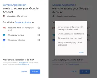 Imagem exemplo da informação que surge quando se instala uma app com acesso ao Gmail