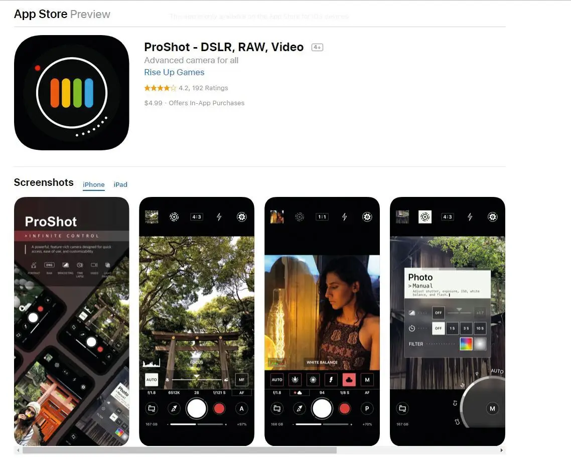 O ProShot está disponível para iOS (5,49 euros) e para Android (4,09 euros). Além de disponibilizar uma série de funcionalidades que vamos explorar mais à frente, esta app visa sobretudo ultrapassar as restrições dos sistemas de câmaras dos smartphones.