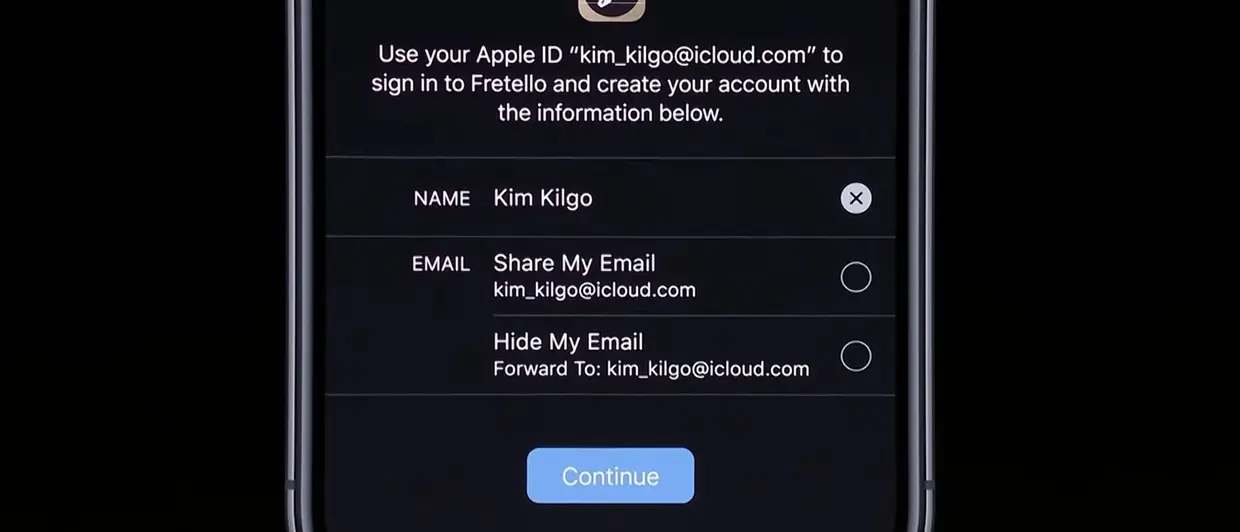O novo botão de login da Apple oferece a possibilidade de esconder o endereço de e-mail do utilizador