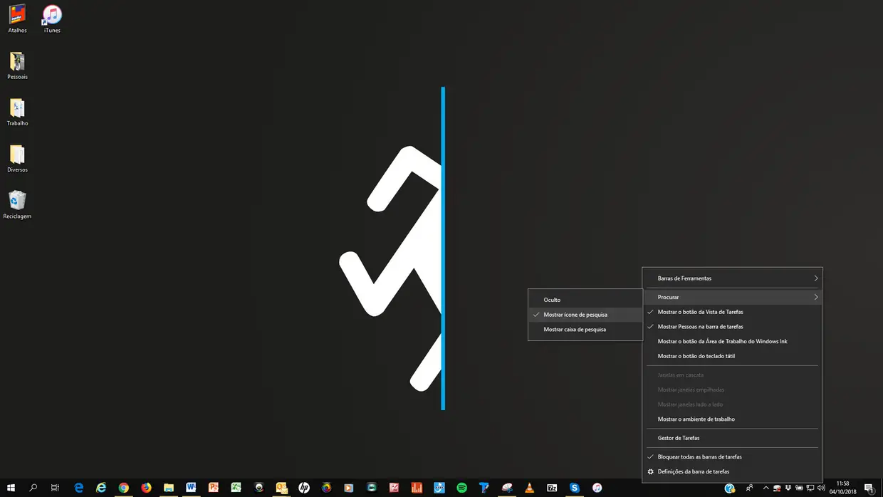 De modo a obter mais espaço para colocar ícones na sua barra de tarefas, pode remover algumas coisas para liberar espaço. Por exemplo, pode ocultar a caixa de pesquisa (Cortana) no Windows 10 – clique no botão direito sobre a barra de tarefas e selecione Procurar > Oculto. Também pode clicar em Procurar > Mostrar ícone de pesquisa para que a Cortana passe a ser um ícone da barra de tarefas (em vez de uma grande caixa de pesquisa).