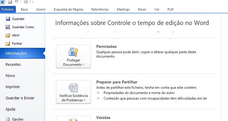 Clique em Ficheiro e de seguida em Informações. Por regra, este é o separador que aparece selecionado por defeito.