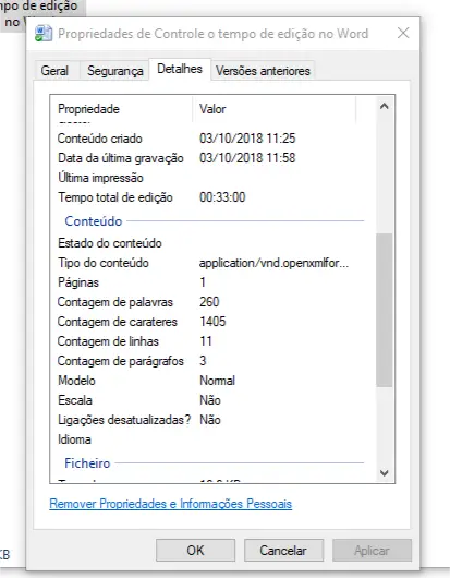 Clique sobre o separador Detalhes e procure o Tempo total de edição.