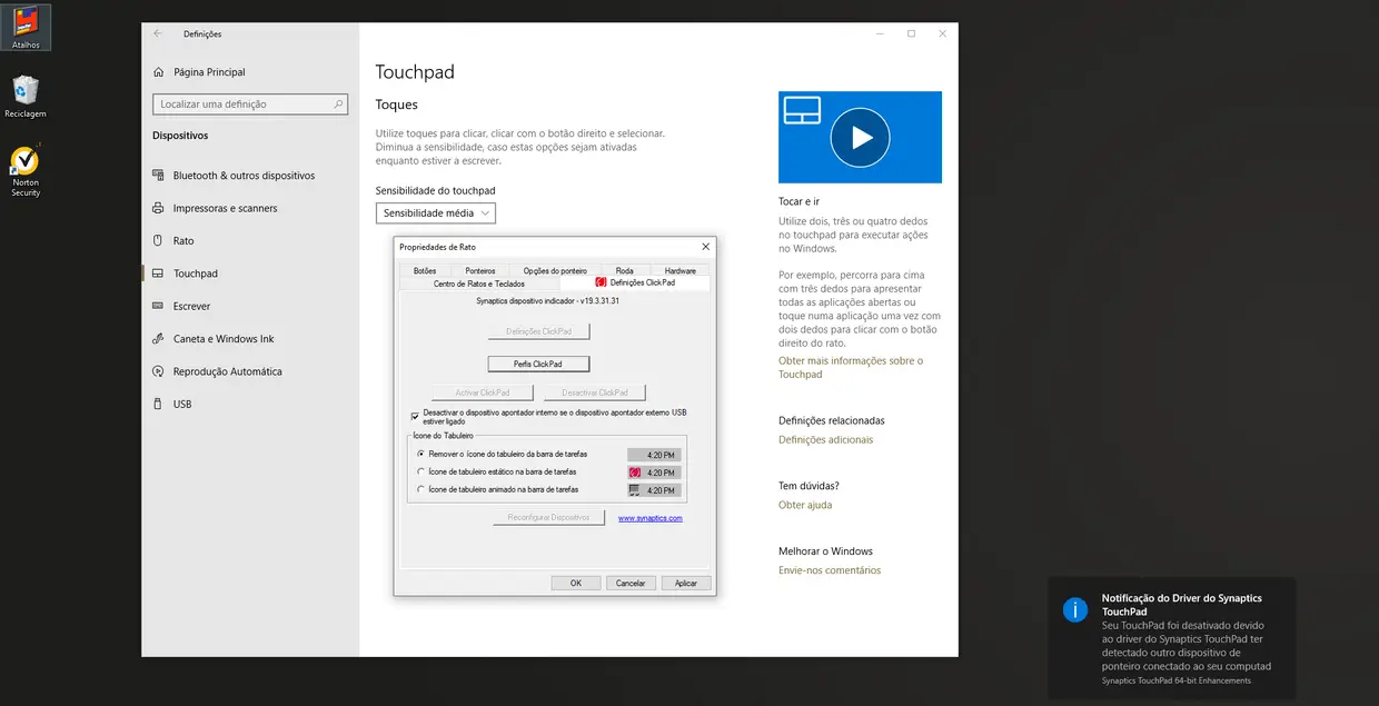 Alguns portáteis não têm esta opção imediatamente visível. Se assim for, escolha Definições adicionais e procure a opção Desactivar o dispositivo apontador interno se o dispositivo apontador externo SB estiver ligado.