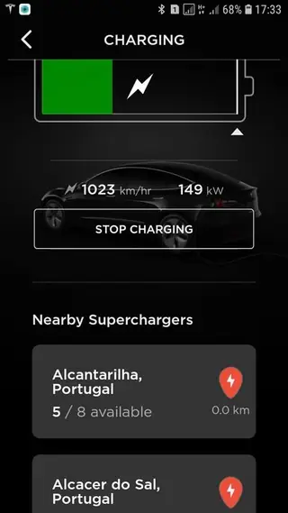 Valor de velocidade de carregamento registado no Supercarregador Tesla de Alcantarilha, Algarve
