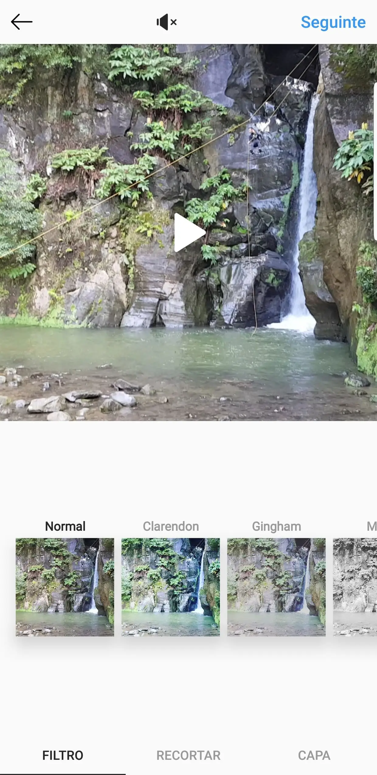 Se quiser publicar um vídeo na cronologia, escolha o ficheiro que pretende usar e clique no ícone do som em cima, no centro do ecrã.