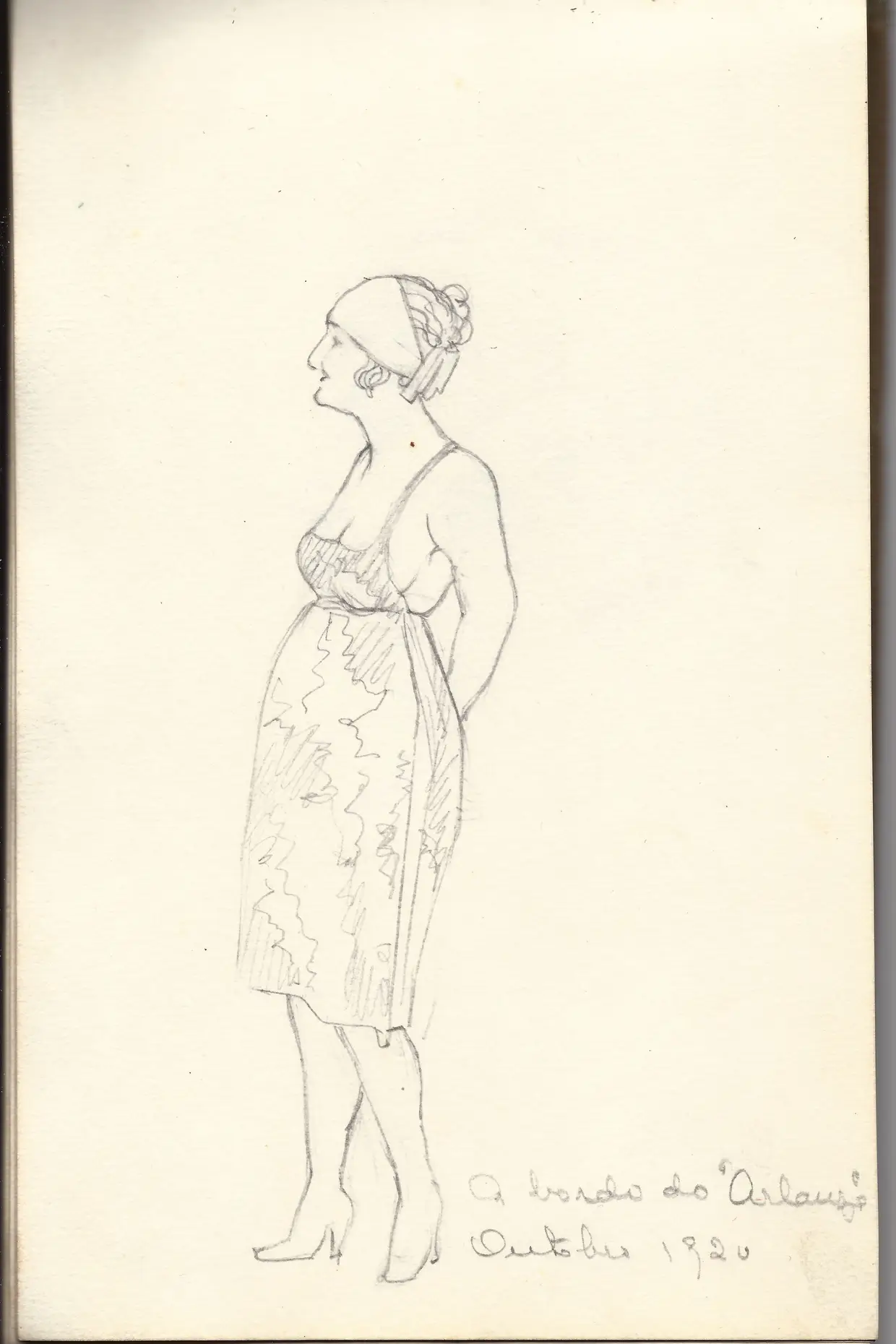 Página do bloco dos desenhos de Helena Roque Gameiro feitos a bordo do paquete “Arlanza”; viagem de regresso do Rio de Janeiro a Lisboa em outubro de 1920