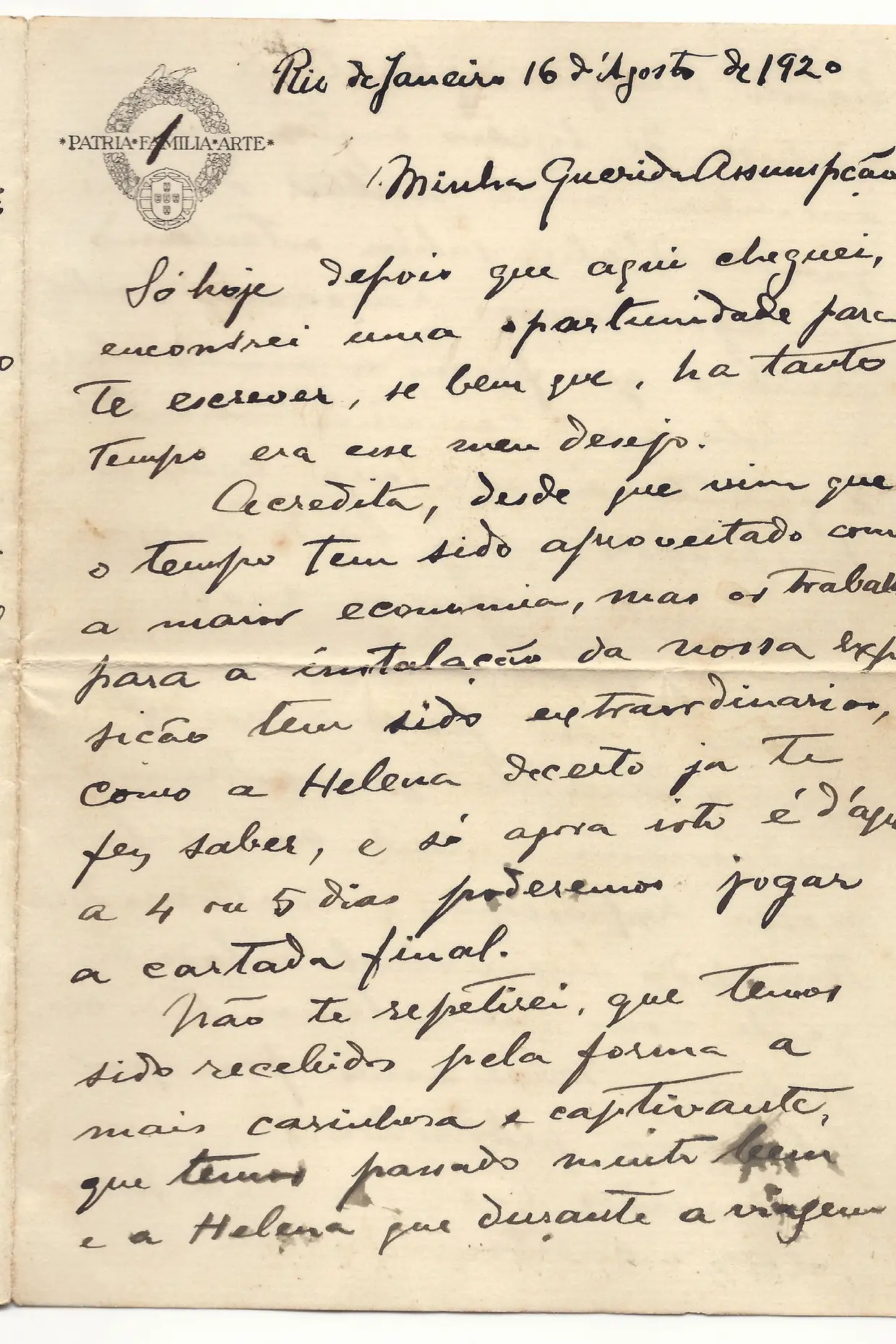 Carta de Alfredo Roque Gameiro para a mulher. Escrita 20 dias depois de ter desembarcado no Rio de Janeiro com a filha Helena, ARG descreve o clima político do Brasil que encontrou no Brasil em 1920