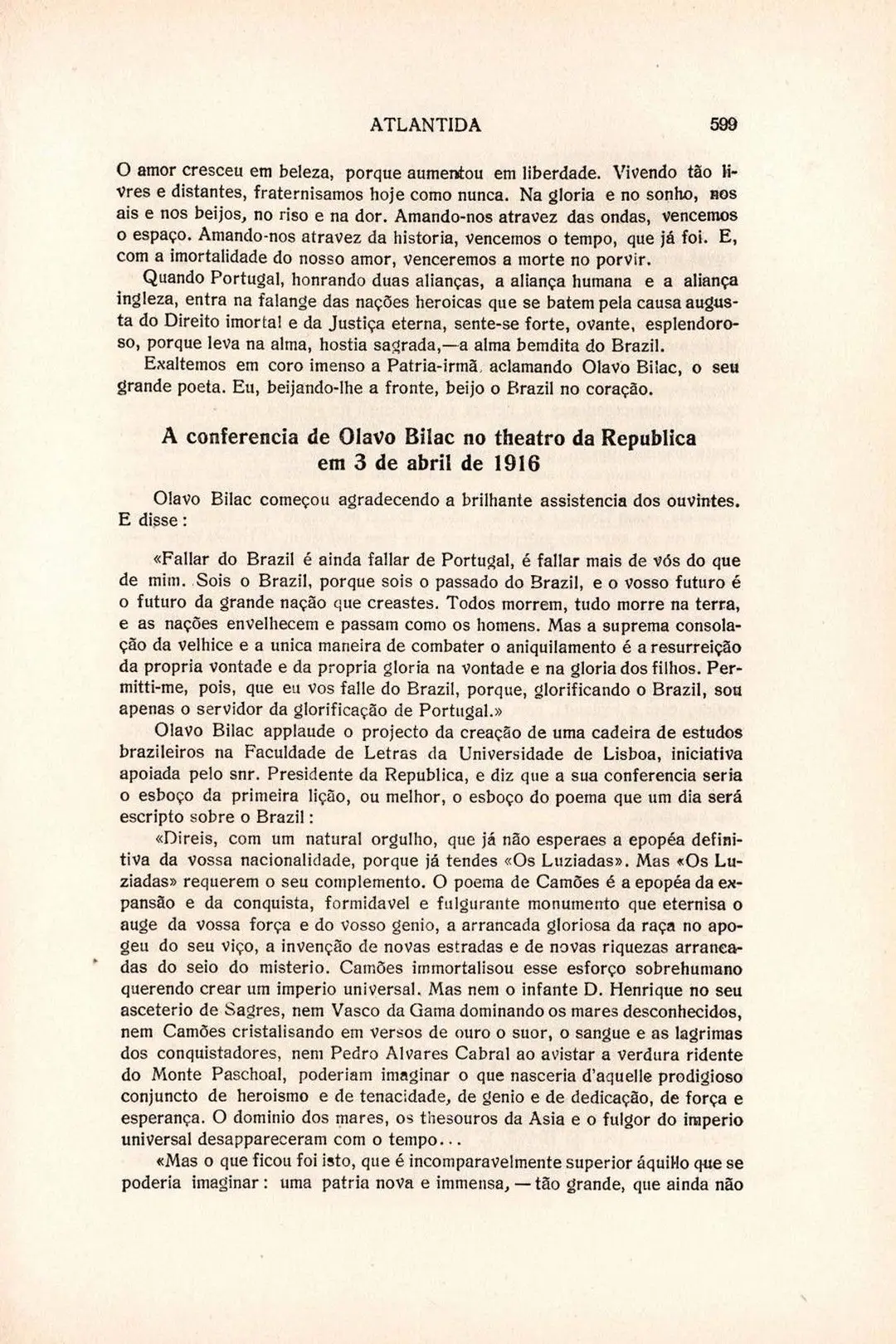 A conferência de Olavo Bilac no teatro da República em 3 de Abril de 1916
