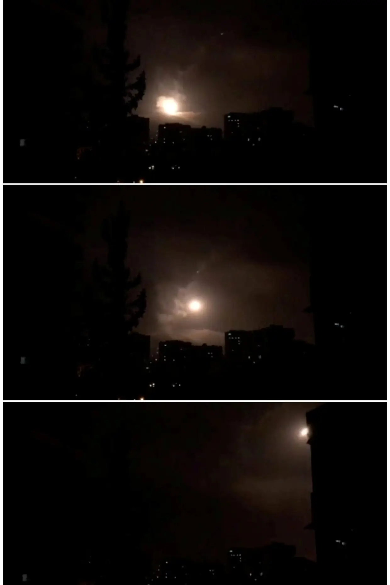 Os sistemas de defesa antiaérea sírios na zona de Damasco respondem ao ataque desta madrugada levado a cabo pelos EUA, Reino Unido e França