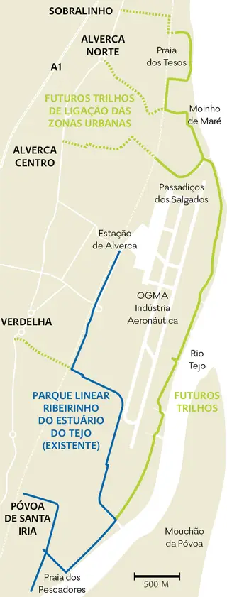 Comunhão com a natureza Na infografia em cima percebe-se com exatidão a parte do Parque Linear Ribeirinho do Estuário do Tejo que está edificada na Póvoa de Santa Iria e a extensão que vai ser criada, que abarca Alverca do Ribatejo e o Sobralinho