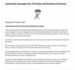 O comunicado de Harry e Meghan a anunciar o afastamento da vida pública