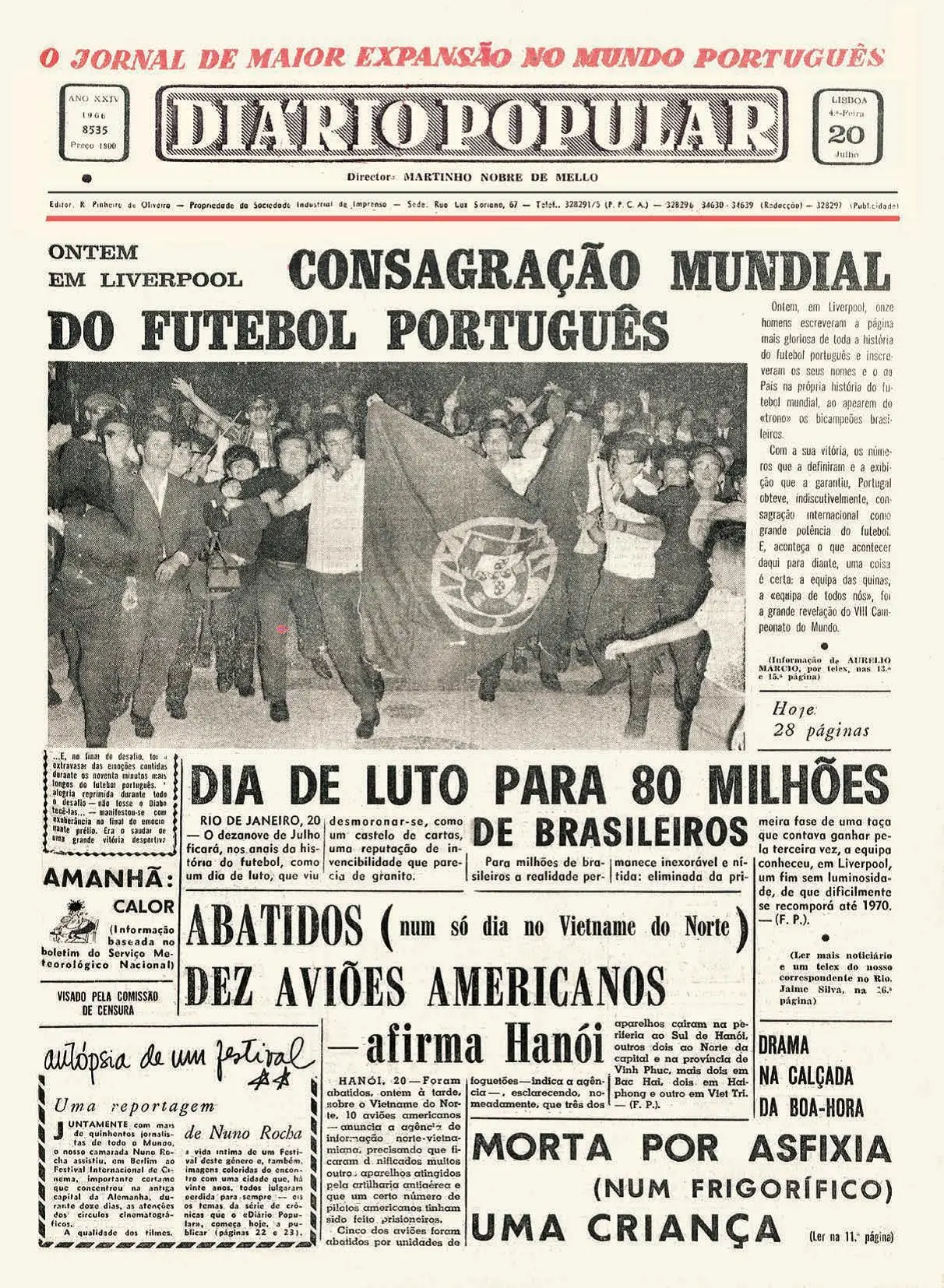 VITÓRIA CONTRA O BRASIL. Diário Popular, 20 de julho de 1966