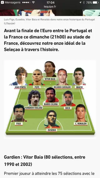 Augusto Inácio orgulha-se de fazer parte da melhor seleção portuguesa de todos os tempos, eleita pelo jornal francês L'Equipe, antes da final do Euro 2016