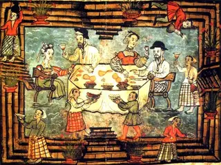 A legenda original desta imagem do século XVI diz “Jente Portuguesa de Ormuz que estão comendo dentro d'aguoa por ser a tera muito calmosa”. A imagem é do Codex 1889 da Biblioteca Casanatense, Roma