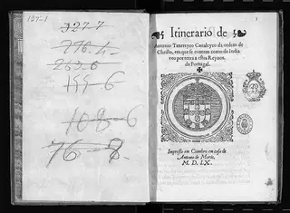 Folha de rosto da 1.ª edição do livro conhecido por “Itinerário de António Tenreiro” editado em Coimbra em 1560. Imagem retirada do exemplar da Biblioteca Nacional de España
