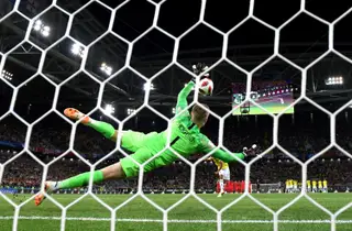 Jordan Pickford a defender o penálti de Bacca