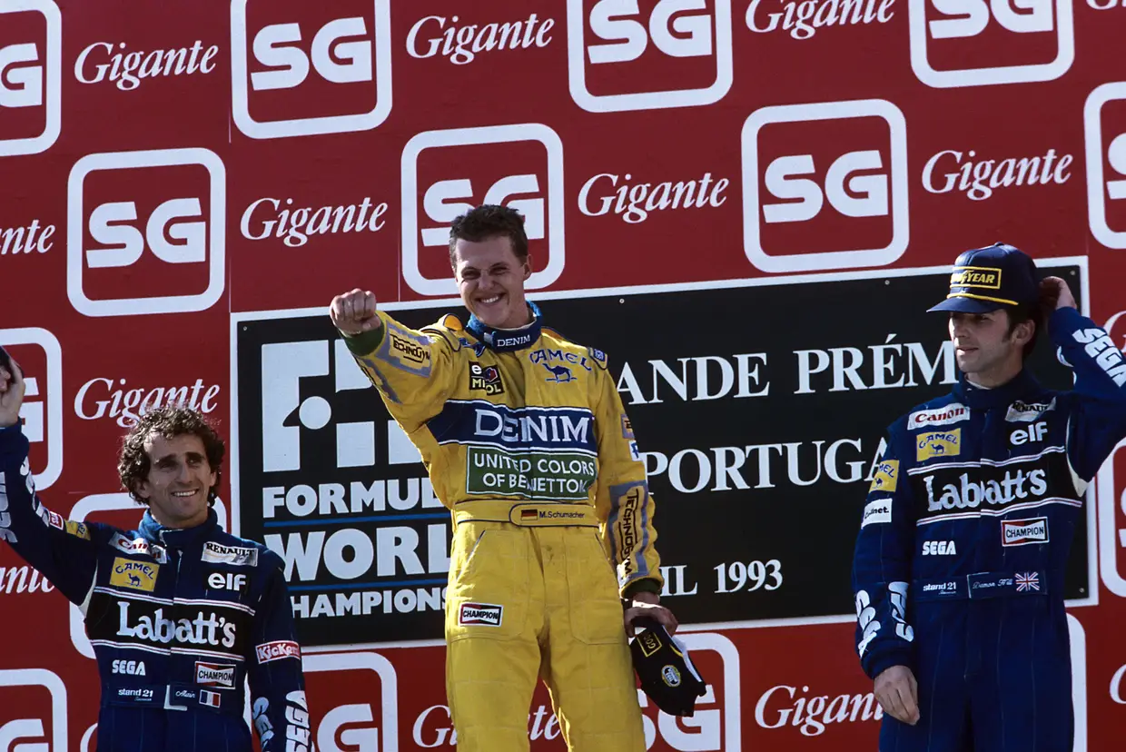 Schumacher só voltou a celebrar na temporada seguinte, no Estoril, em setembro de 1993. Prost e Hill ficaram atrás do alemão
