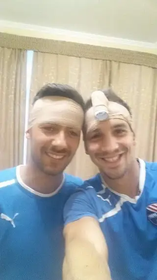 David Caiado (à direita) com o colega e amigo Nuno Pinto com quem jogou na Ucrânia