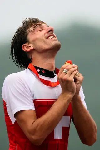 Cancellara a festejar o primeiro ouro olímpico, em Pequim 2018. Voltaria a ser campeão olímpico no Rio 2016