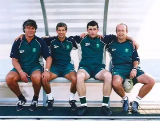 Equipa técnica do Sporting B em 2003. Justino, Luís Alegria, Iordanov e Leonel Pontes