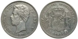 Moeda espanhola de cinco pesetas cunhada em 1871 com a efígie do rei Amadeu de Saboia