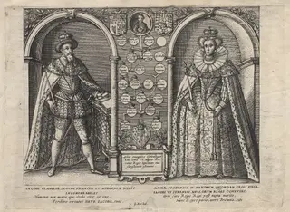 Jaime I de Inglaterra e a sua mulher, Ana da Dinamarca, numa gravura feita por autor anónimo no século XVII