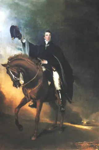 O duque de Wellington montado no cavalo Copenhaga durante a batalha de Waterloo, num quadro de Thomas Lawrence