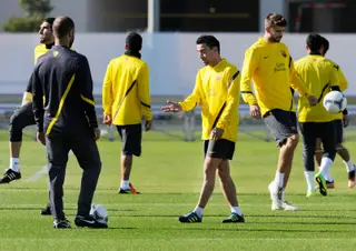 Guardiola e Xavi, em 2011, antes da semi-final do Mundial de Clubes contra o Al-Sadd