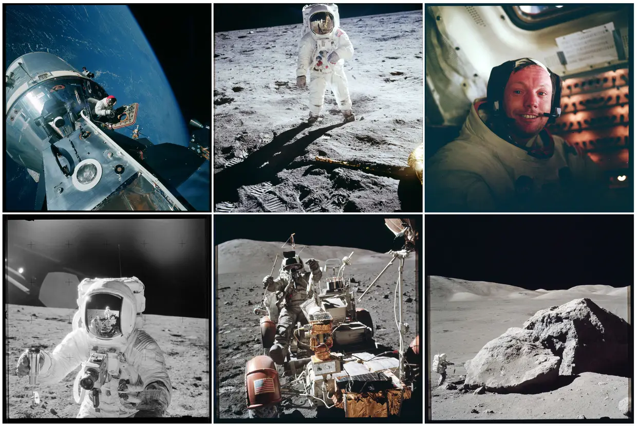 Fotografias de várias missões Apollo. David R. Scott, comandante do módulo da missão Apollo 9, 6 de março de 1969; Edwin "Buzz" Aldrin Jr. caminha na Lua durante a missão Apollo 11, 20 de julho de 1969; Neil Armstrong, comandante da Apollo 11, 20 de julho de 1969; Alan Bean segura um recipiente com amostras do solo lunar durante a missão Apollo 12, 19 de novembro de 1969; o astronauta-cientista Harrison Schmitt conduz o Lunar Roving Vehicle durante a missão Apollo 17, 13 de dezembro de 1972; Harrison Schmitt junto a um pedregulho lunar.