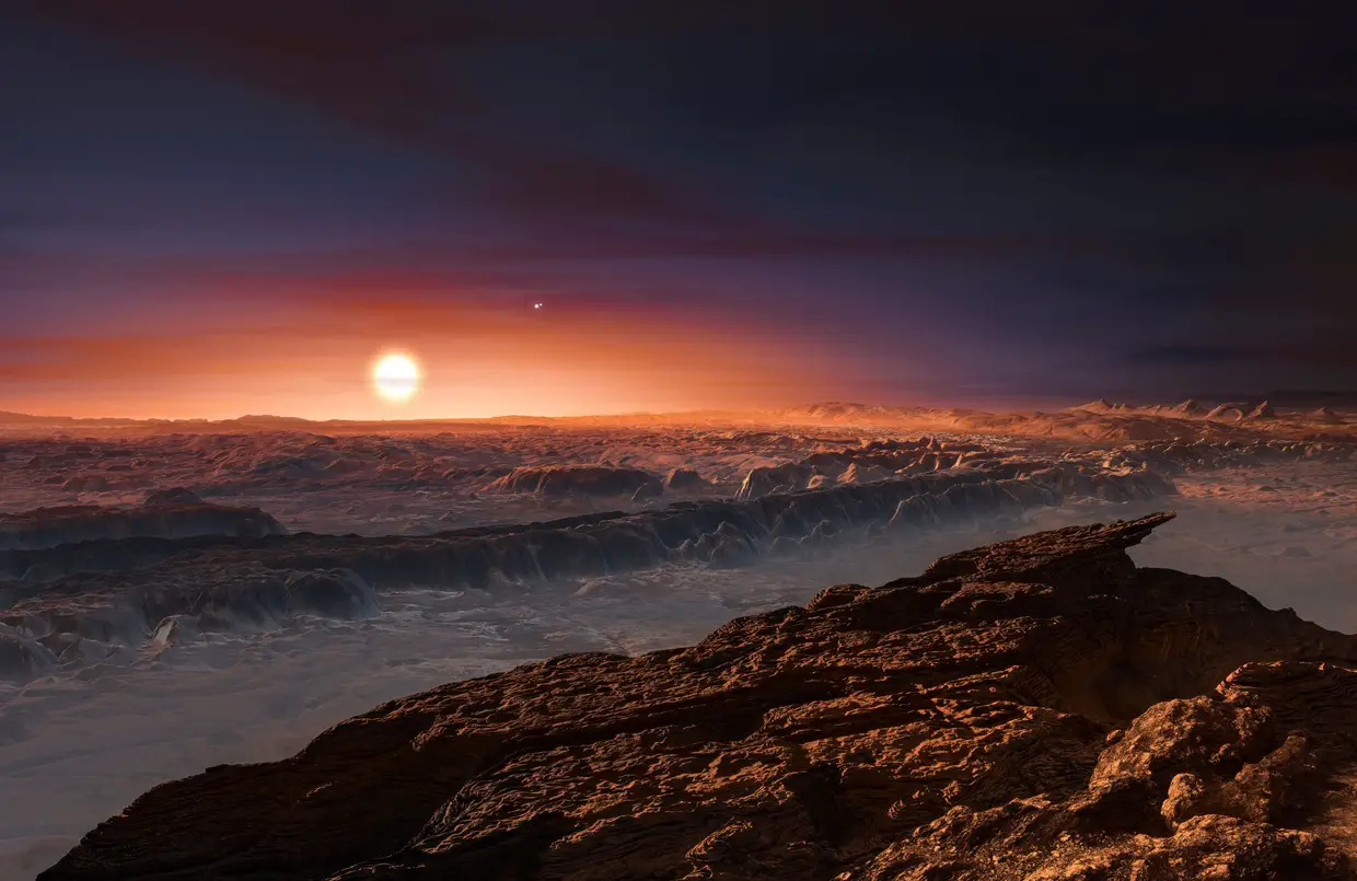 Uma imagem da superfície do planeta Proxima b, que orbita a estrela mais próxima do Sistema Solar.