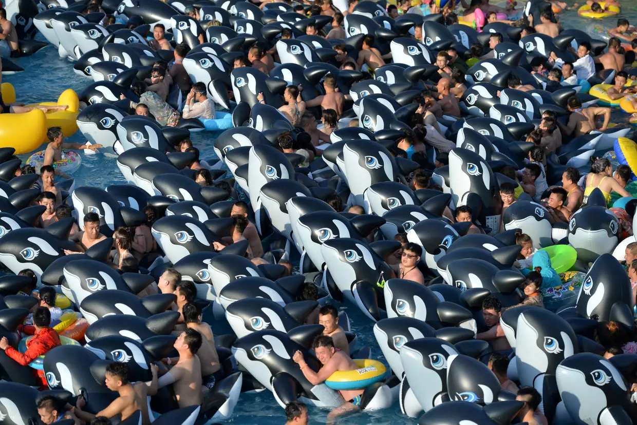 Milhares de pessoas refrescam-se num parque aquático em Fushun, na província de Liaoning, China.