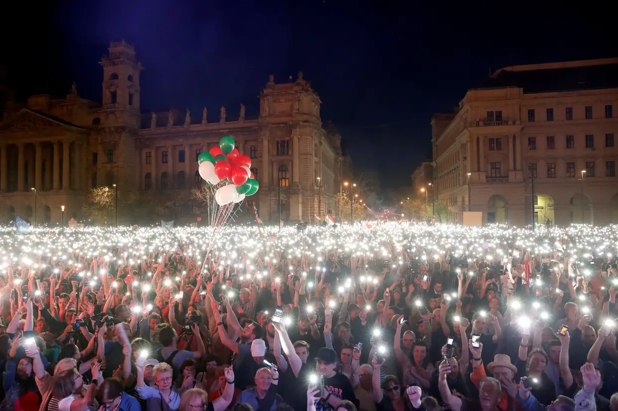 Protesto contra o primeiro-ministro da Hungria, Viktor Orban, em Budapeste.