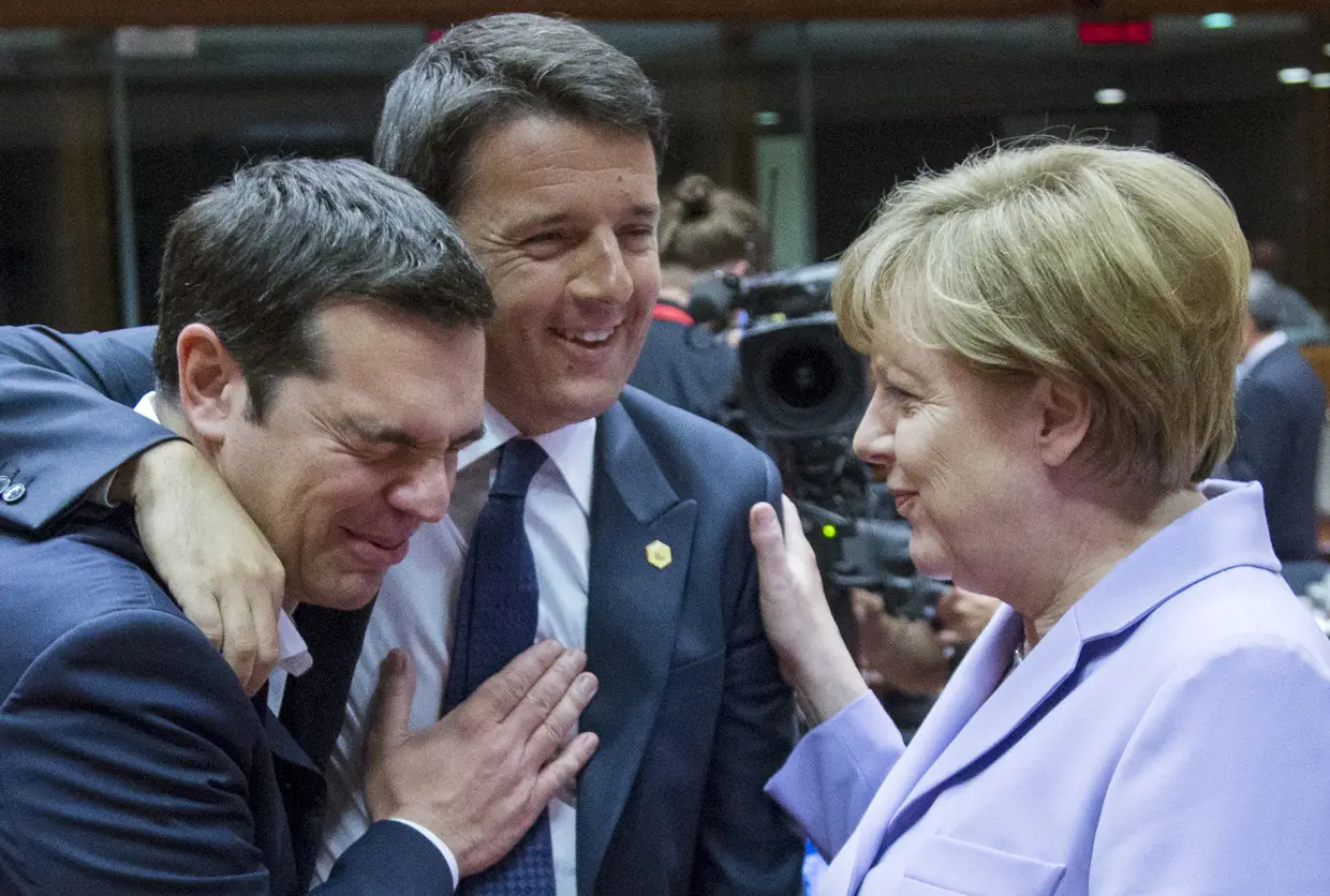 Angela Merkel com os primeiros-ministros da Grécia e de Itália, Alexis Tsipras e Matteo Renzi, 2015