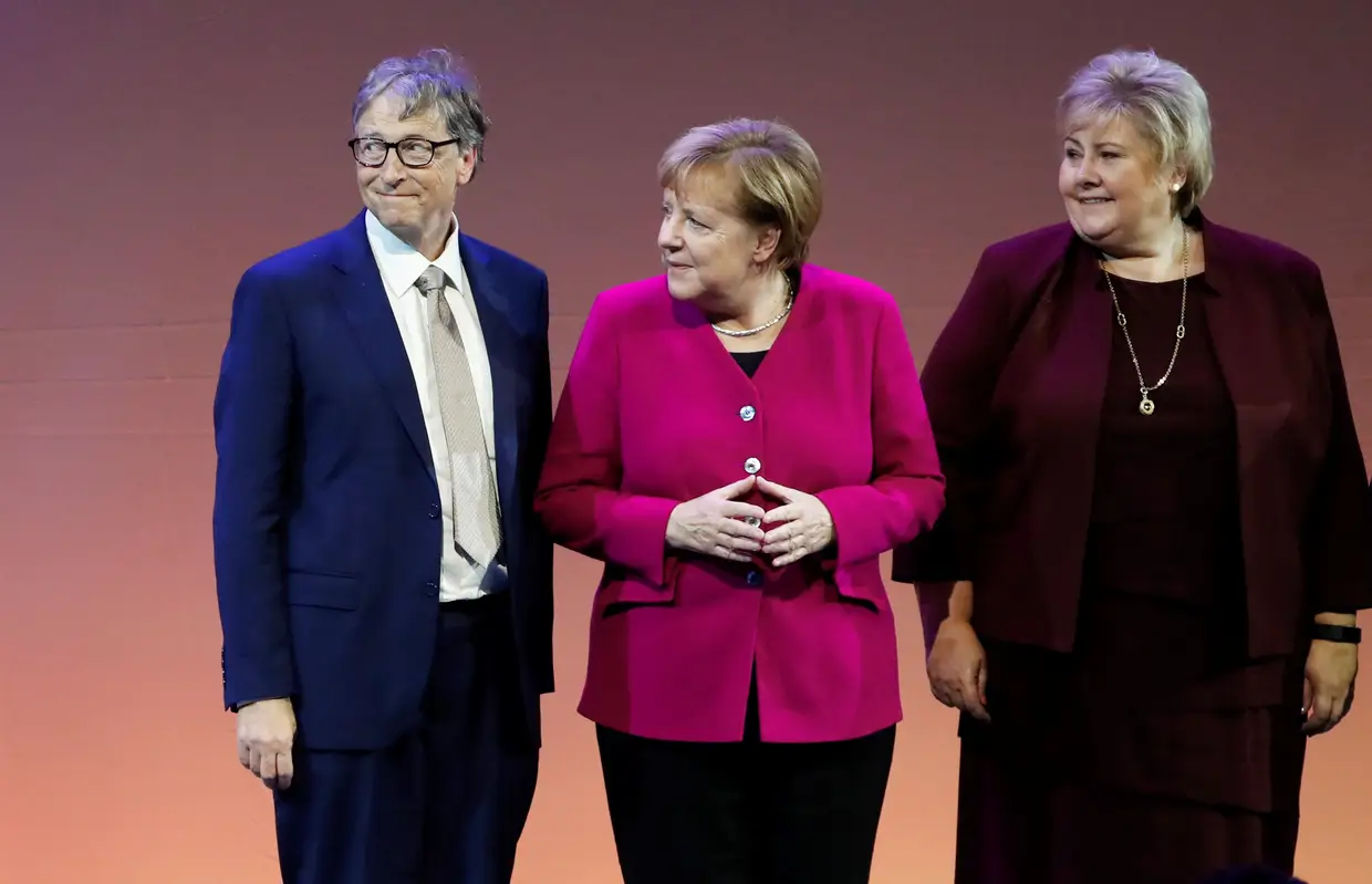 Angela Merkel com o fundador da Microsorf, Bill Gates, e a primeira-ministra da Noruega, Erna Solberg, 2018