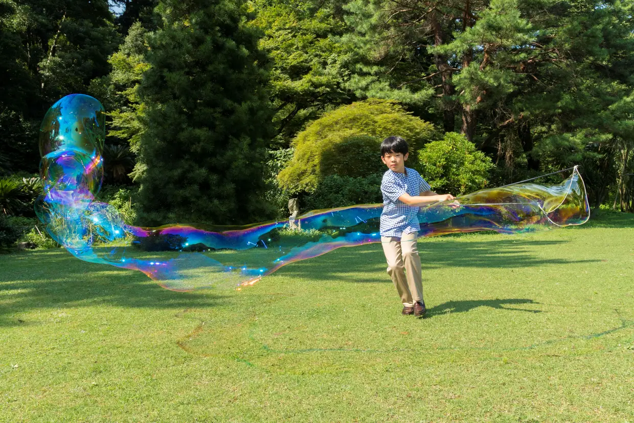 O príncipe japonês Hisahito, o único filho do príncipe Akishino e da princesa Kiko, faz bolhas de sabão na residência de Akasaka Estate, em Tóquio, Japão.
