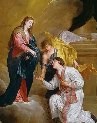 São Valentim ajoelhado perante a Virgem Maria