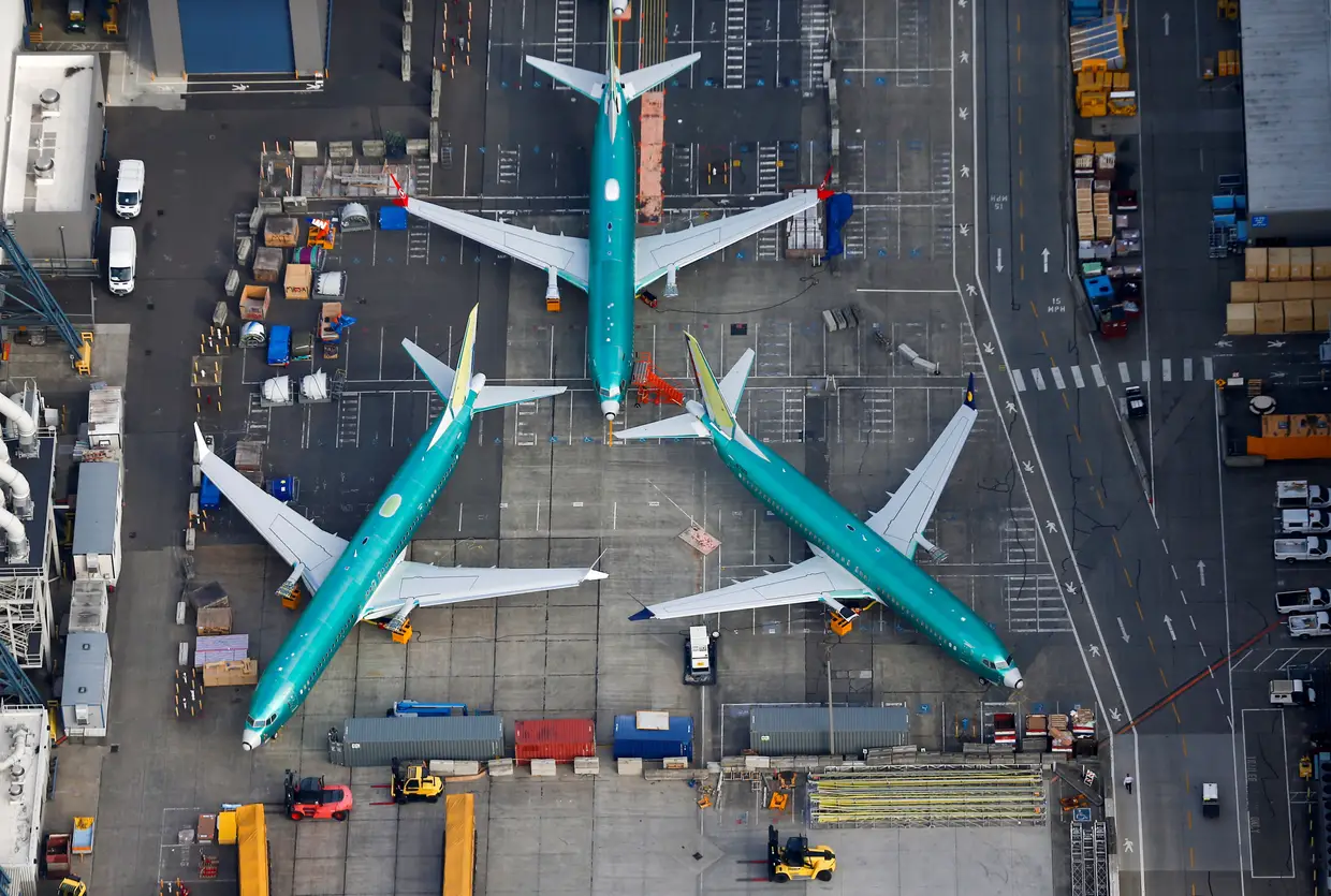 Uma fotografia aérea de aviões Boeing 737 Max na fábrica da Boeing em Washington, nos Estados Unidos.