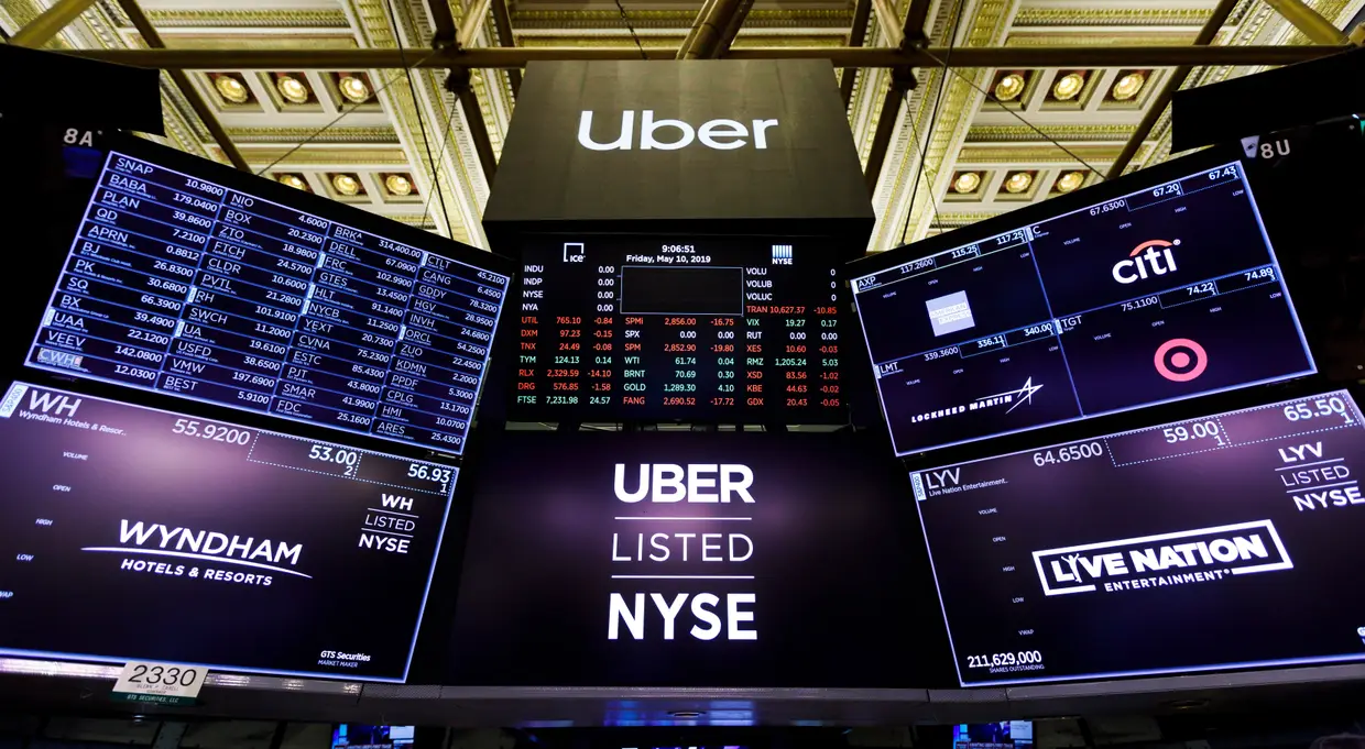 Sinalização na Bolsa de Valores de Nova Iorque antes da oferta pública inicial de ações da Uber, EUA.