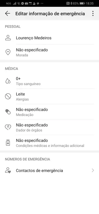 Podemos preencher informação importante para quem nos encontrar, caso não estejamos em condições de comunicar