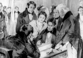 Ilustração do momento em que Annie Ellsworth dita a Samuel Morse o primeiro telegrama.