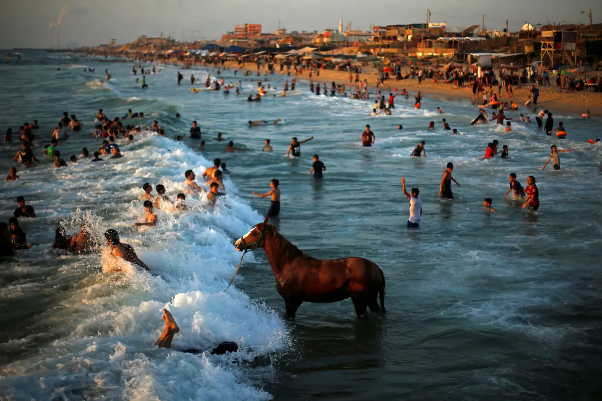 Um palestiniano dá banho ao seu cavalo no Mar Mediterrâneo enquanto outros banhistas assistem, na Faixa de Gaza.