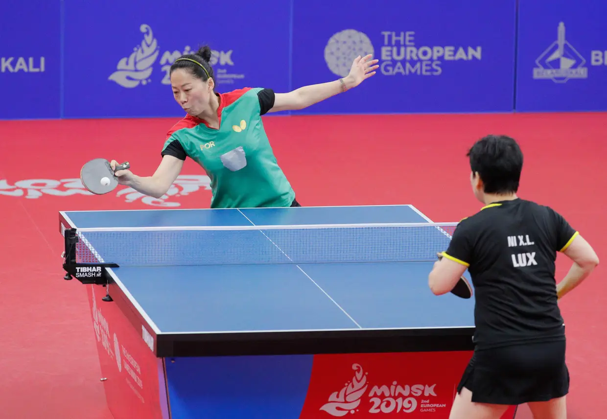 A portuguesa Fu Yu durante a prova feminina de ténis de mesa dos Jogos Europeus.